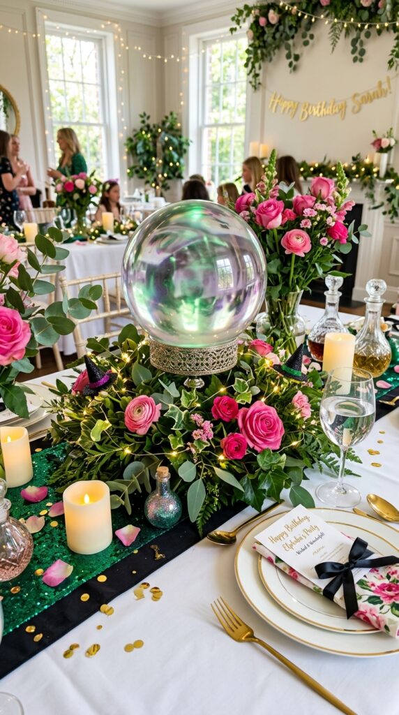 Crystal ball centerpiece with magical Wicked-inspired birthday decor.