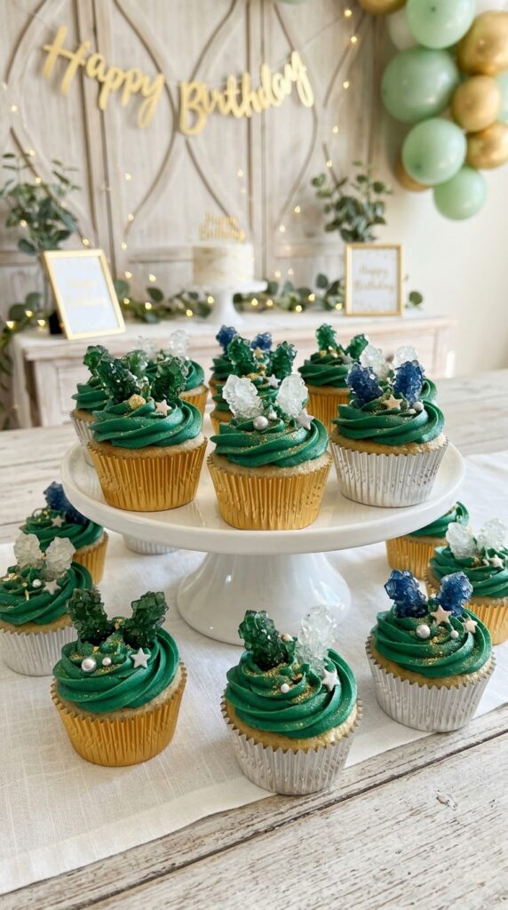 Crystal candy cupcakes with magical decorations for birthday dessert table.