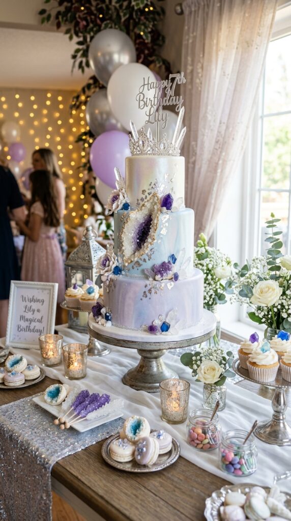Crystal fantasy birthday cake with shimmering magical decorations and elegant styling.