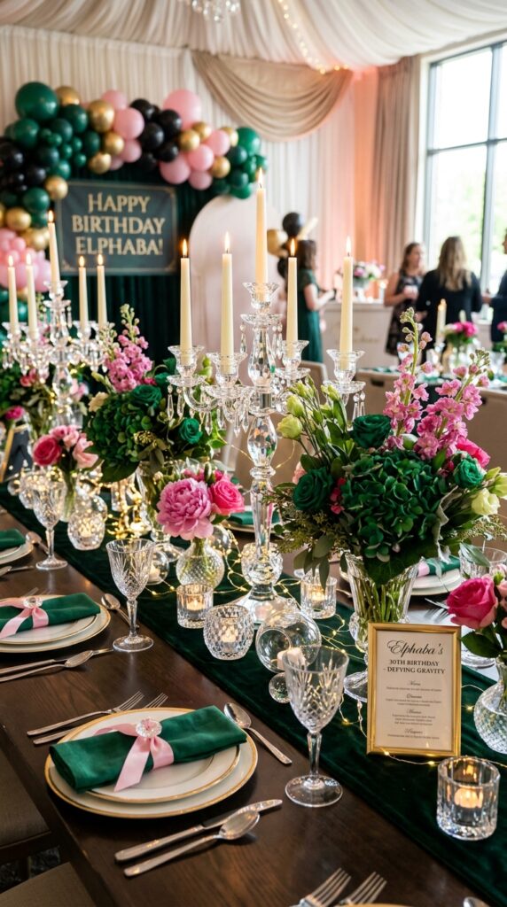 Crystal glass table decor for elegant Wicked birthday party styling.