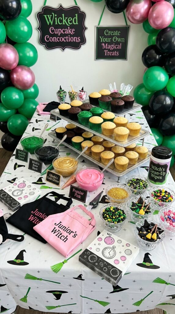 Cupcake decorating activity station for a Wicked-themed birthday party.