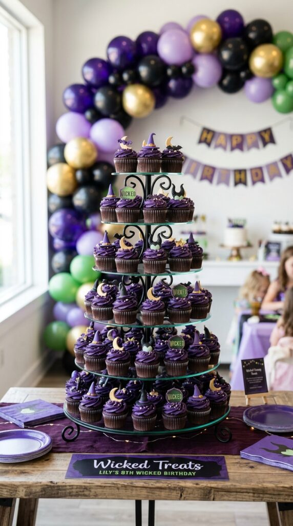 Wicked themed cupcake tower with dark purple birthday desserts