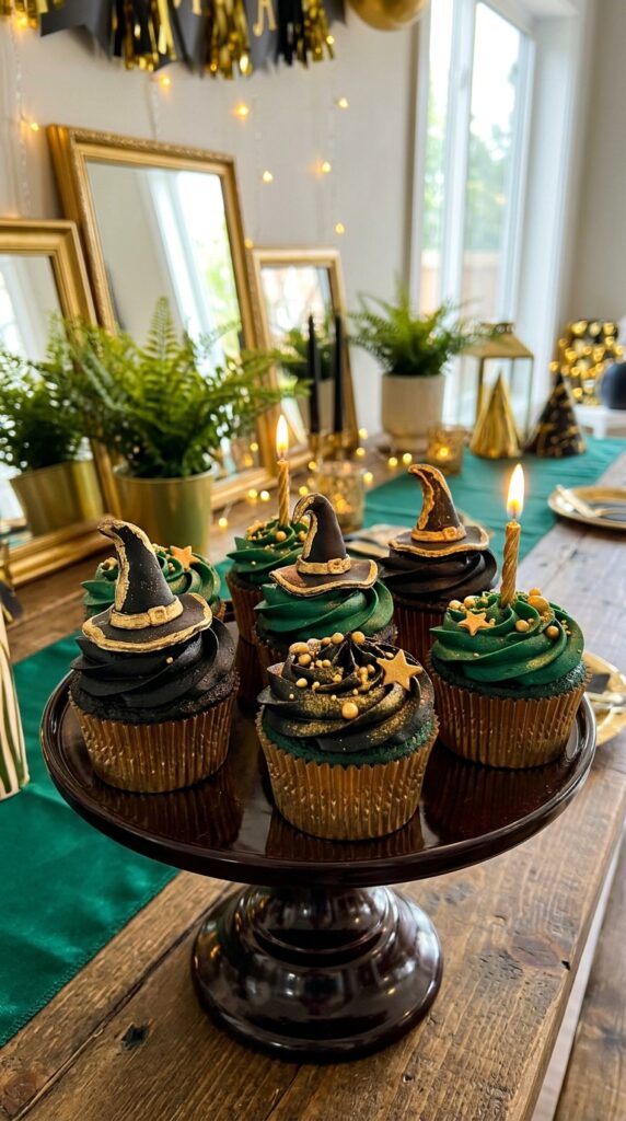 Black and emerald glam cupcakes for Wicked birthday dessert table.