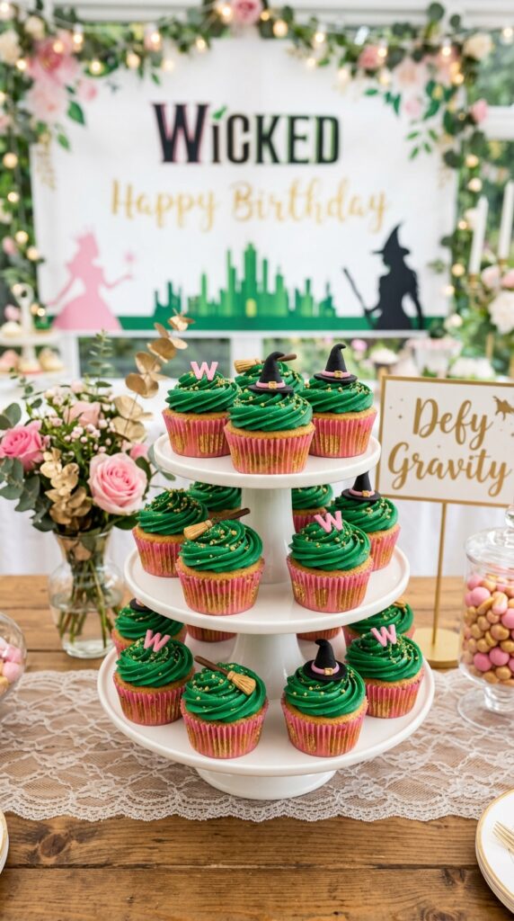 Emerald swirl frosting cupcakes for a Wicked-themed birthday dessert table.