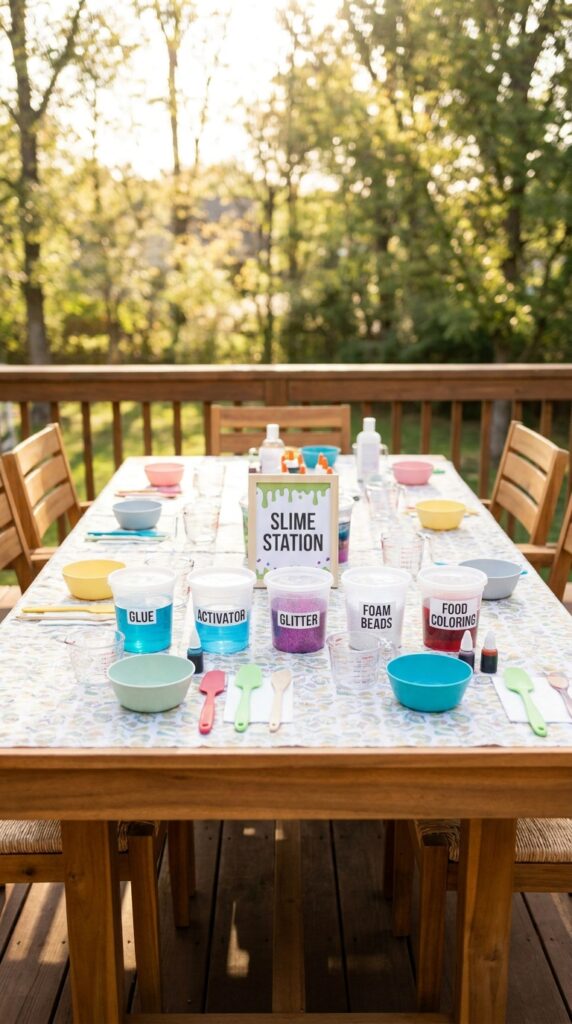 Kids DIY slime station party setup