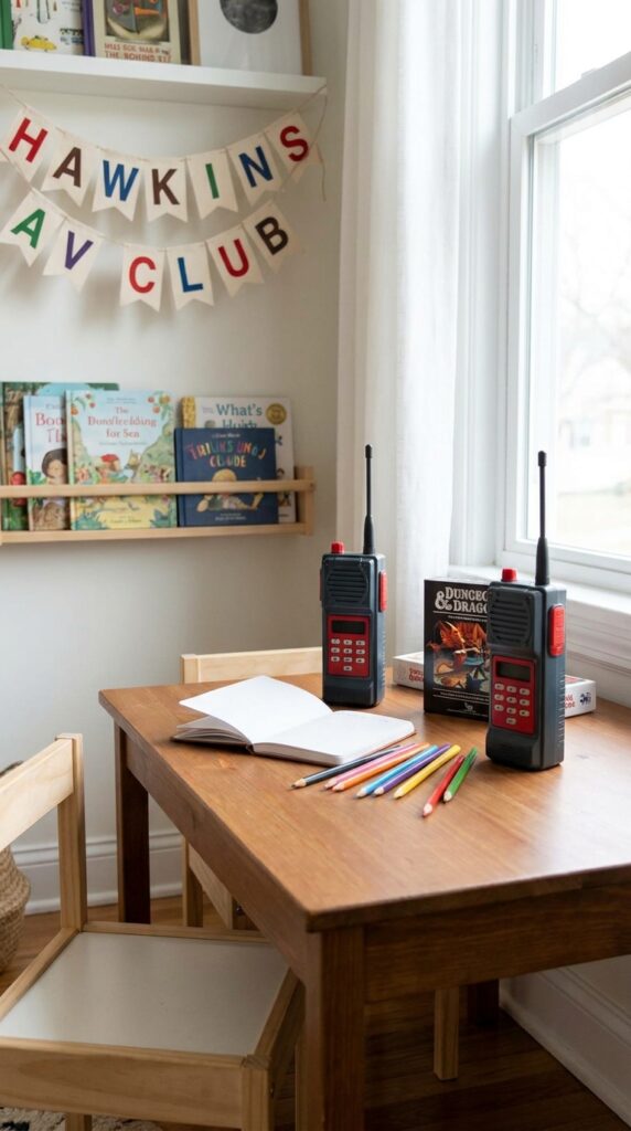 Stranger Things walkie talkie themed party station with props, maps, and adventure accessories