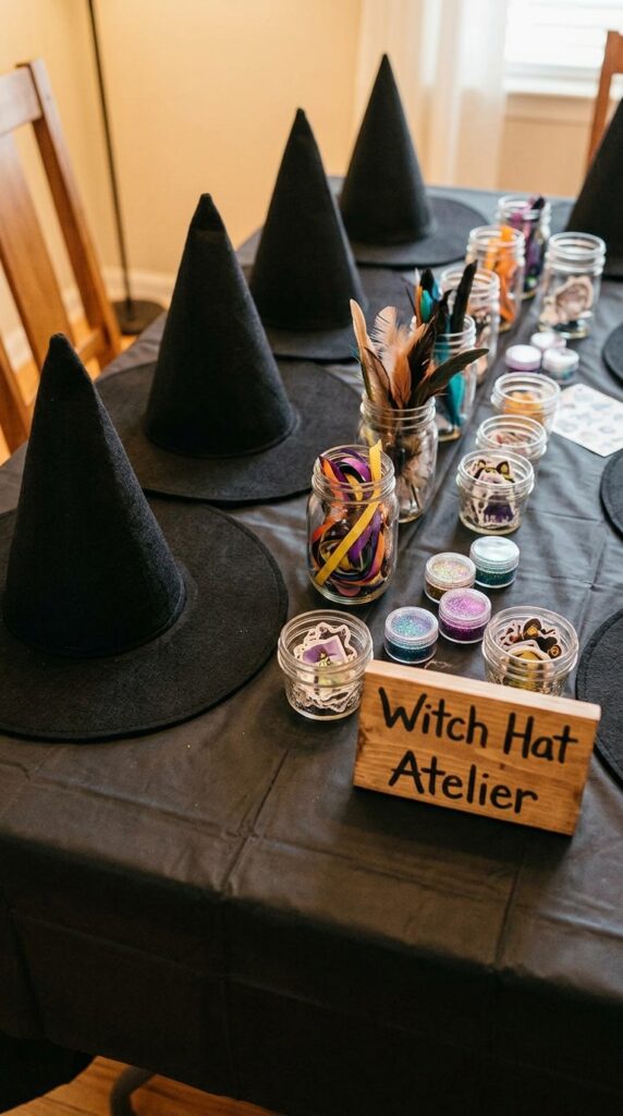 DIY witch hat decorating station at a wicked birthday party.