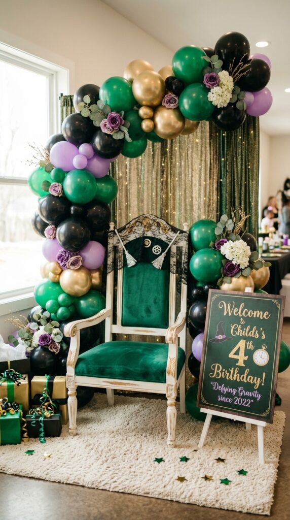 Decorated Wicked-themed birthday throne chair for a 4th birthday party.