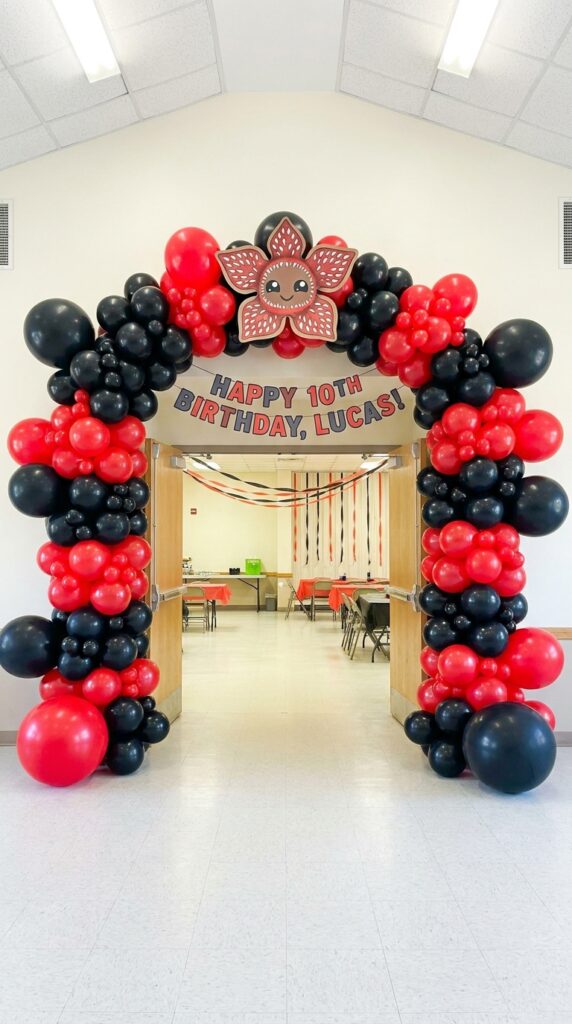 Demogorgon themed balloon arch entrance decoration
