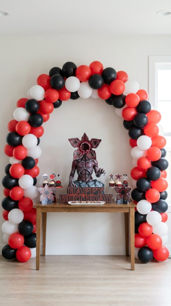 Stranger Things balloon backdrop with Demogorgon theme