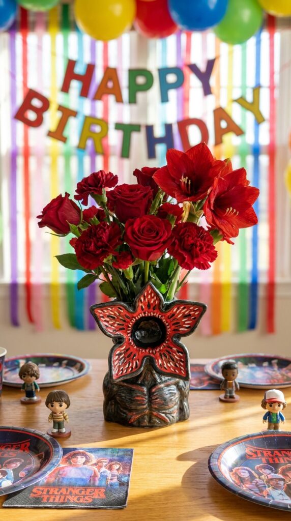 Demogorgon themed vase centerpiece with red flowers on party table