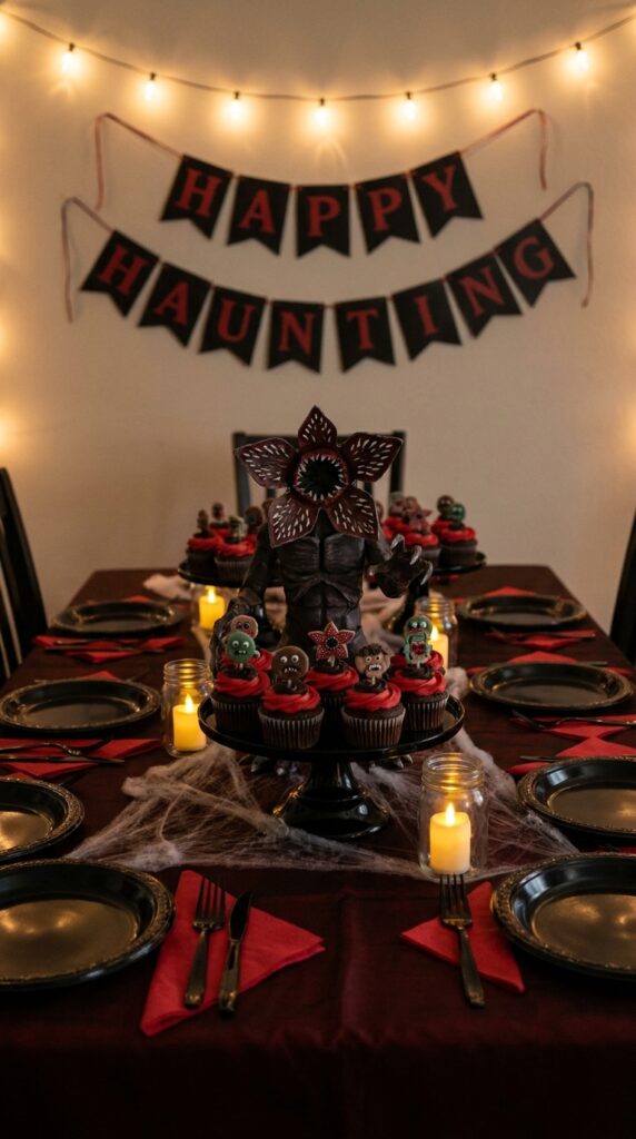 Demogorgon themed spooky birthday table setup