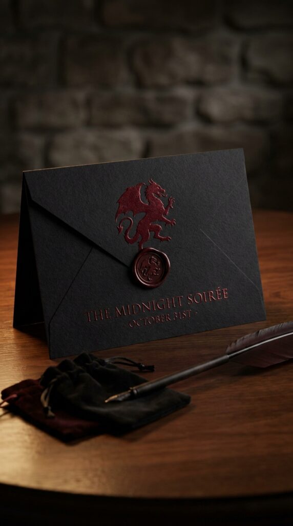 Demogorgon themed scary Stranger Things birthday invitation in dark red with creature silhouette and warning text