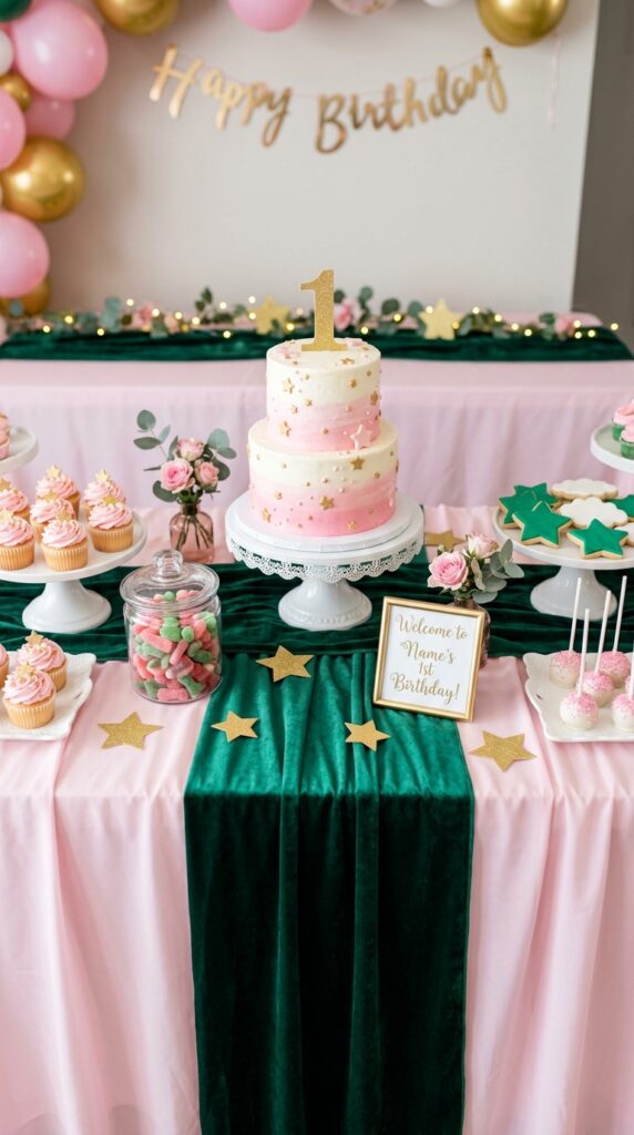 Wicked-themed first birthday dessert table with pink and green sweets.