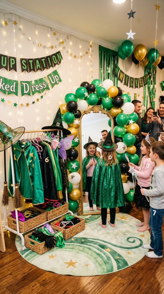 Colorful Wicked-themed dress-up station for kids birthday party fun.