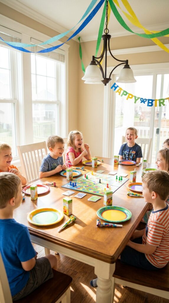 Kids playing simplified tabletop role-playing game at themed birthday party