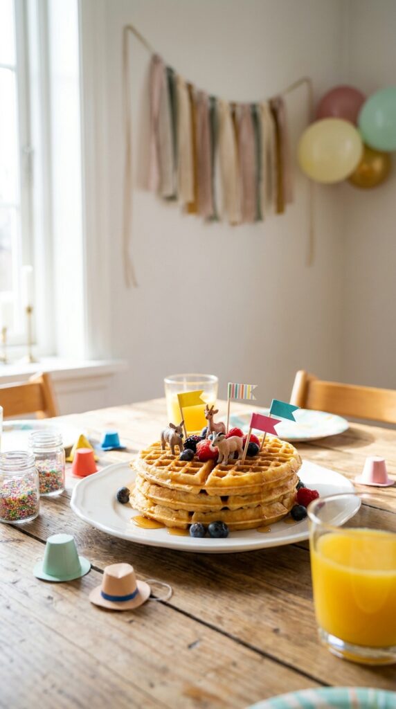 Eggo waffle tower centerpiece with themed decorations on party table