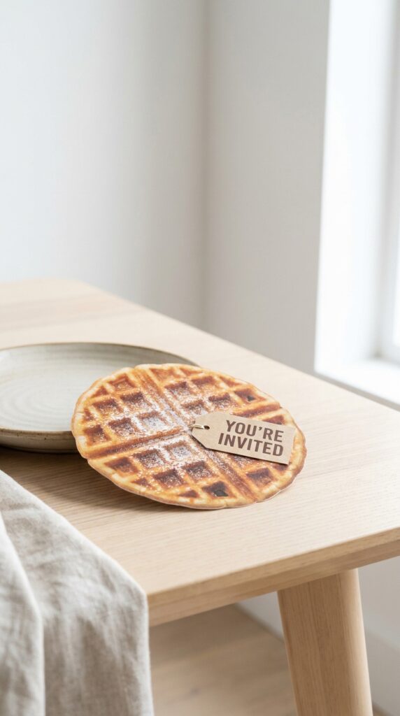 Eggo waffle shaped Stranger Things birthday invitation in golden yellow and brown tones with syrup drip design