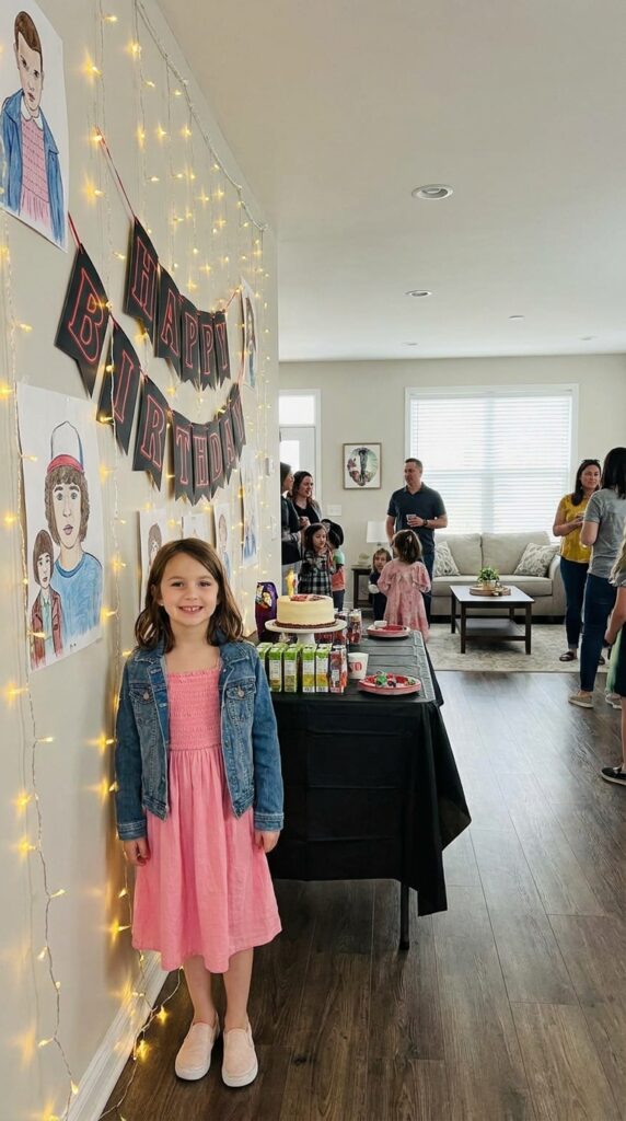 Eleven inspired pink dress outfit with denim jacket for birthday party