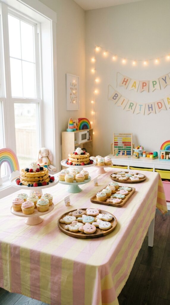 Stranger Things Eggo dessert table with pastel decorations and waffles