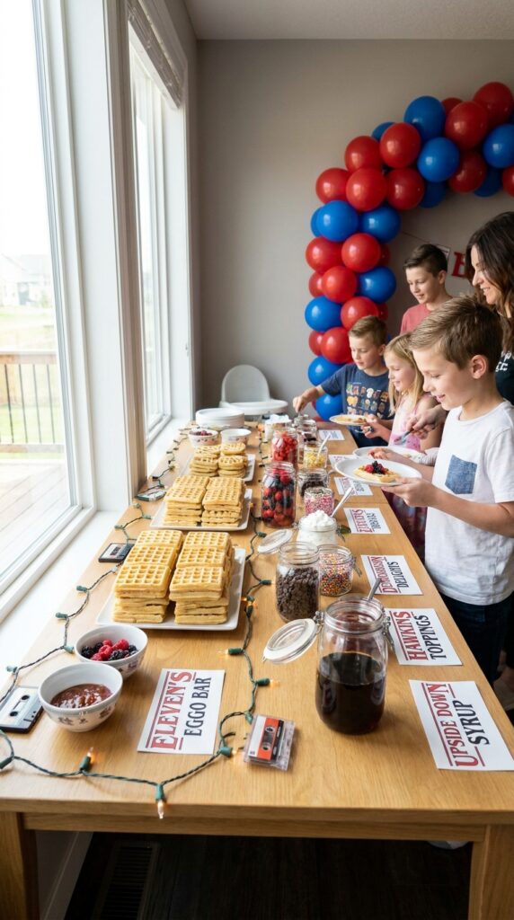 Eggo waffle themed birthday party food station with colorful toppings and Stranger Things signage