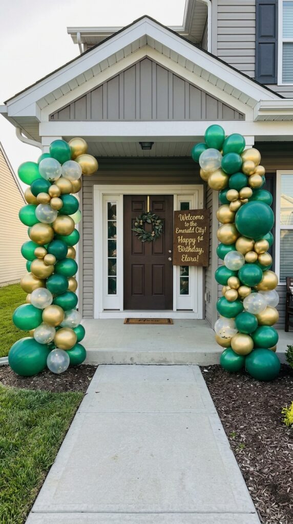 Emerald City entrance setup for a Wicked first birthday celebration. Storybook Picnic Birthday Setup