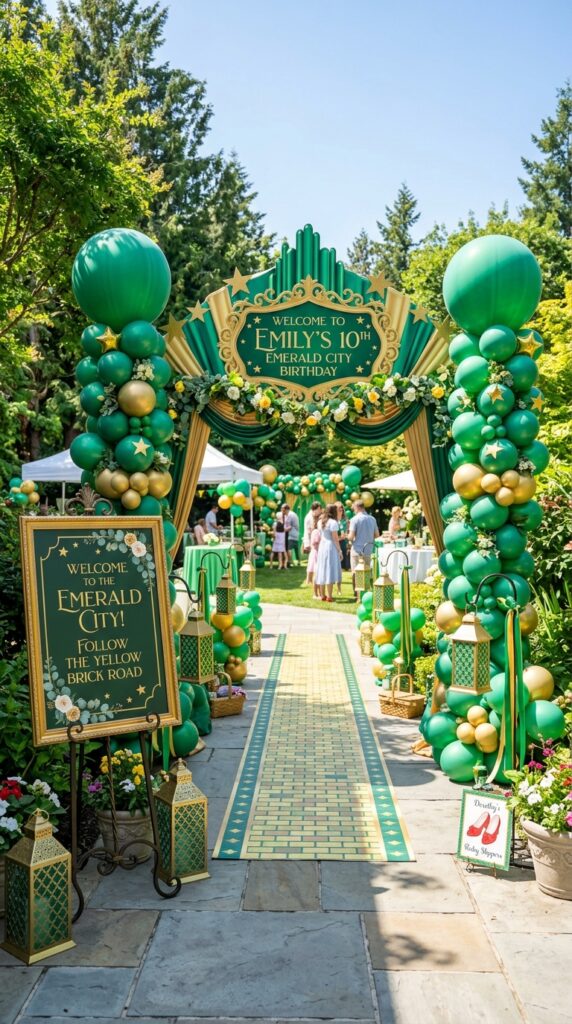 Emerald City themed entrance for a Wicked second birthday party.
