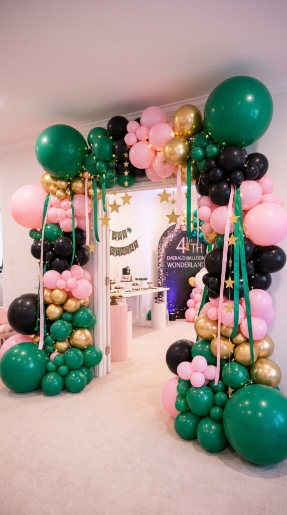 Emerald green and pink Wicked-themed balloon setup for a 4th birthday party.