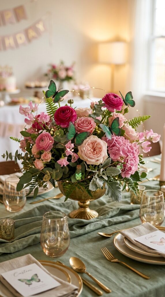 Emerald butterfly floral centerpiece for a magical birthday party table.
