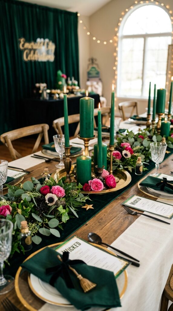 Emerald candle centerpiece setup for Wicked-inspired birthday table decor.