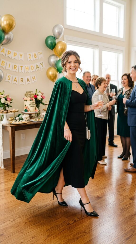 Emerald cape birthday party outfit inspired by Elphaba aesthetics.