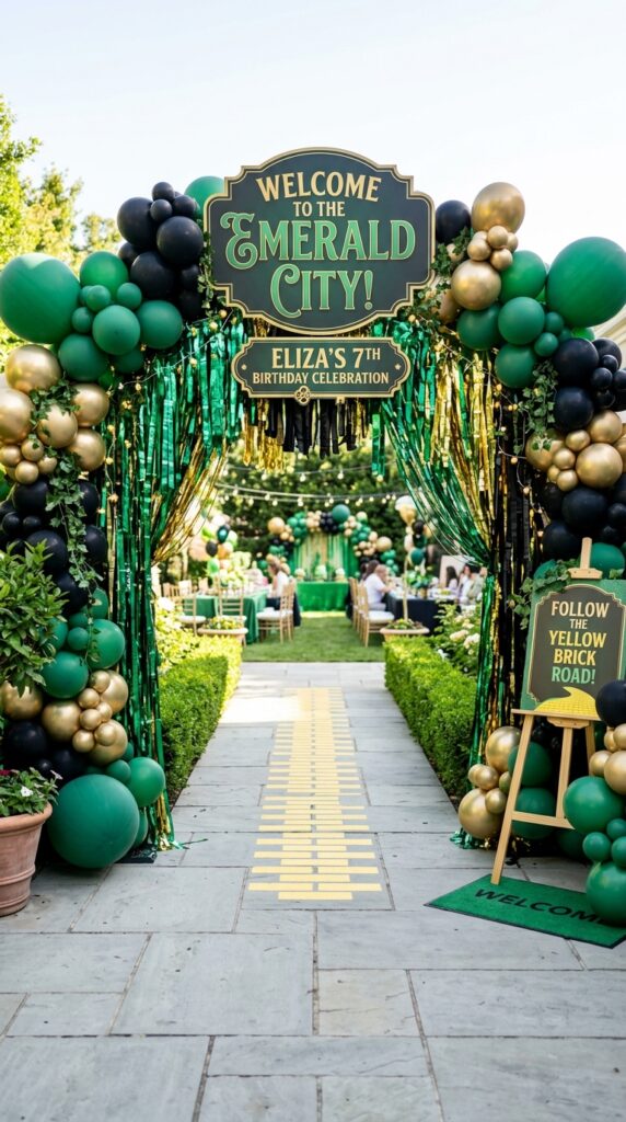 Emerald city themed birthday party entrance arch with magical decorations.