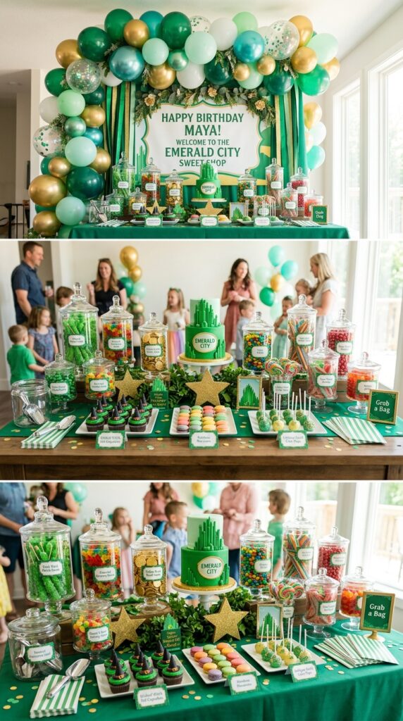 Emerald city candy buffet with magical wicked birthday party styling.