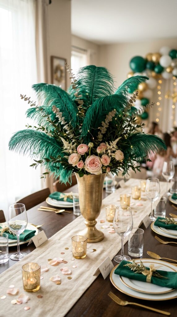 Emerald feather centerpiece with elegant birthday party table decor.