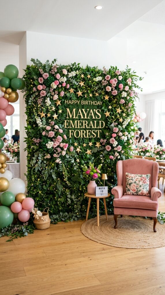 Emerald forest themed birthday backdrop wall with magical decorations