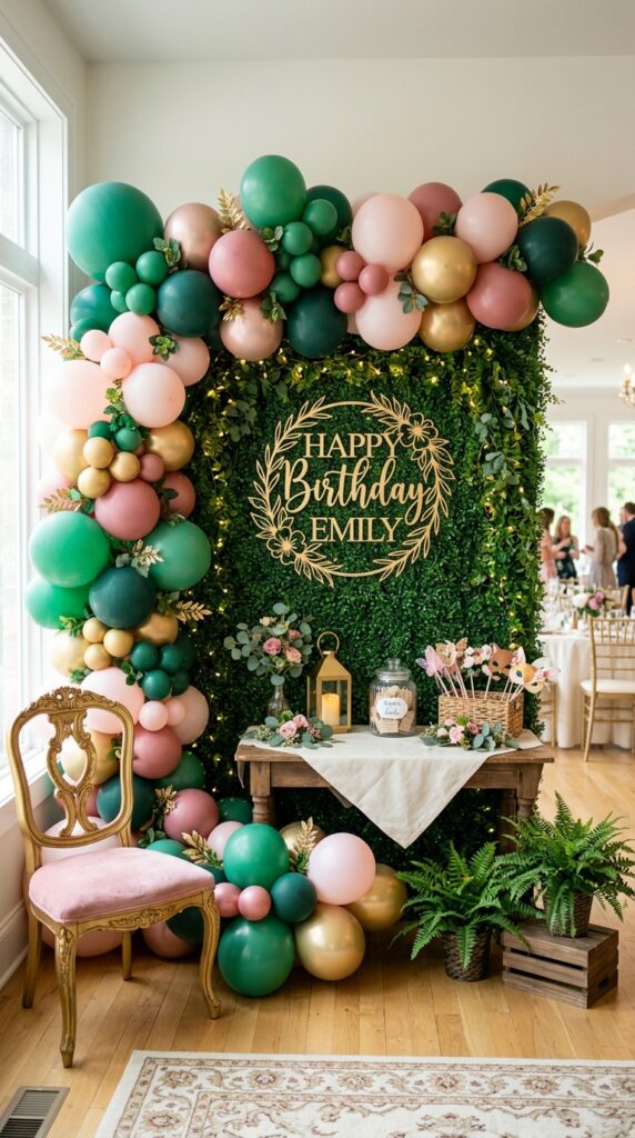 Emerald forest-inspired Wicked birthday backdrop with balloons and fairy lights.