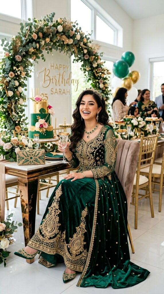 Emerald and gold royal birthday outfit inspired by Wicked fashion style.