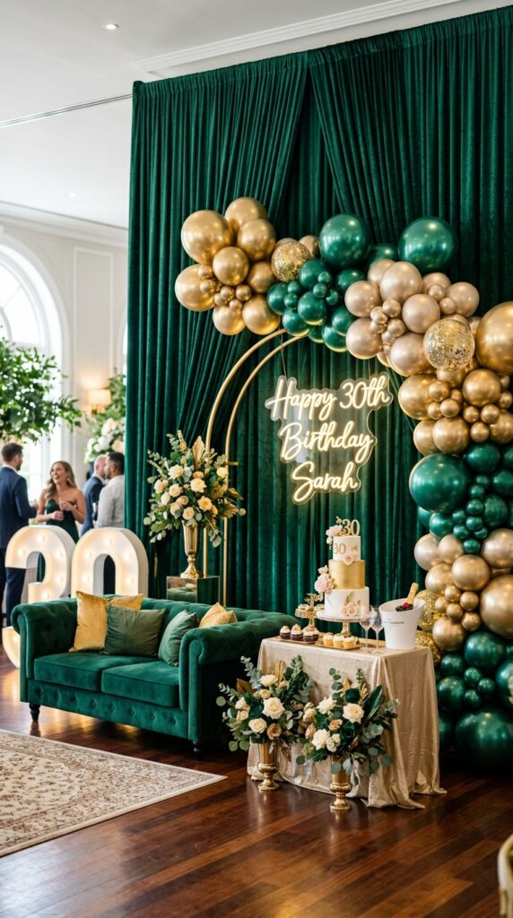 Emerald green and gold birthday party backdrop with elegant glam decorations.