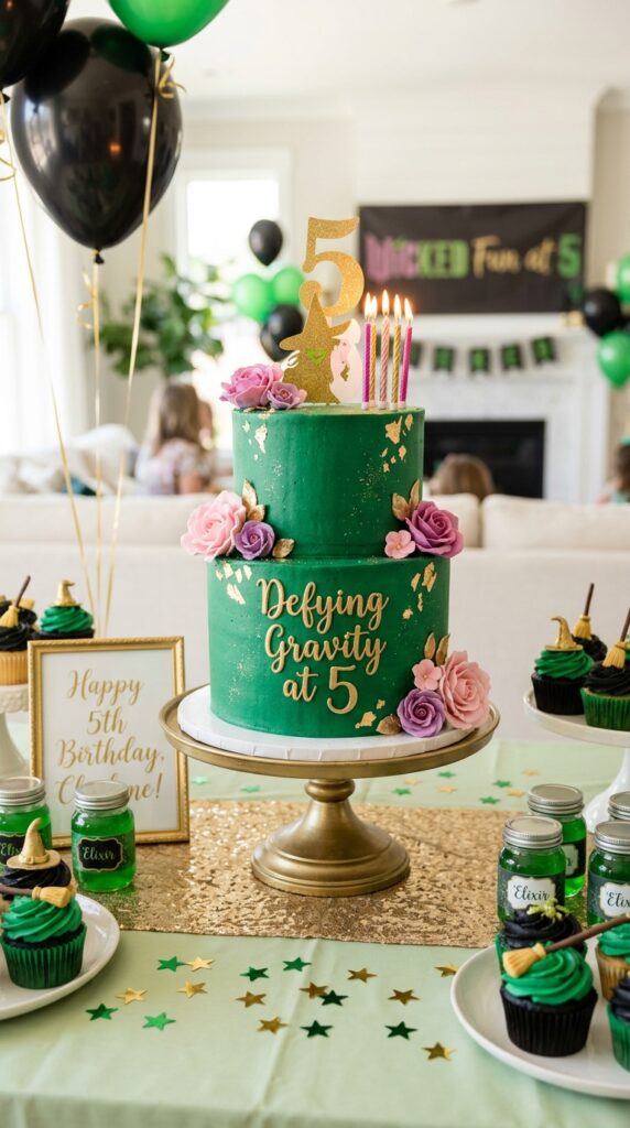 Wicked-inspired emerald green birthday cake display with magical decorations.