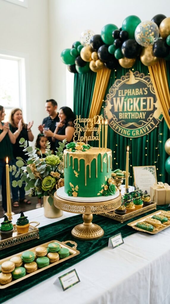 Emerald green wicked birthday party drip cake with gold decorations and elegant magical styling.