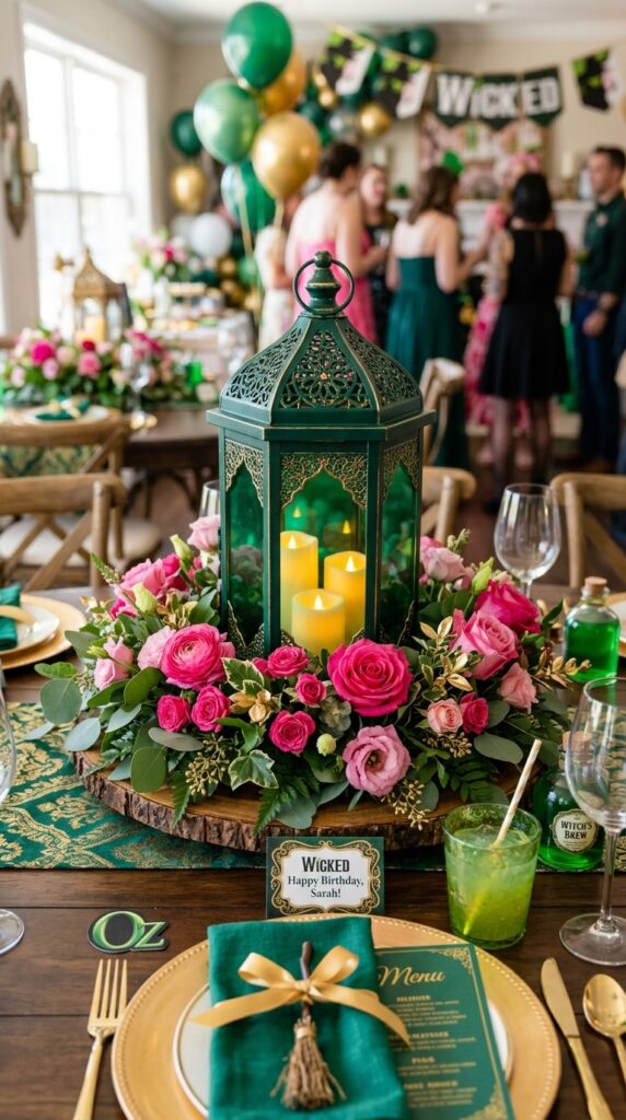 Emerald lantern centerpiece with flowers for a Wicked birthday party table.