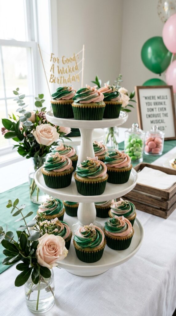 Emerald and pink marble cupcakes for Wicked birthday dessert table.