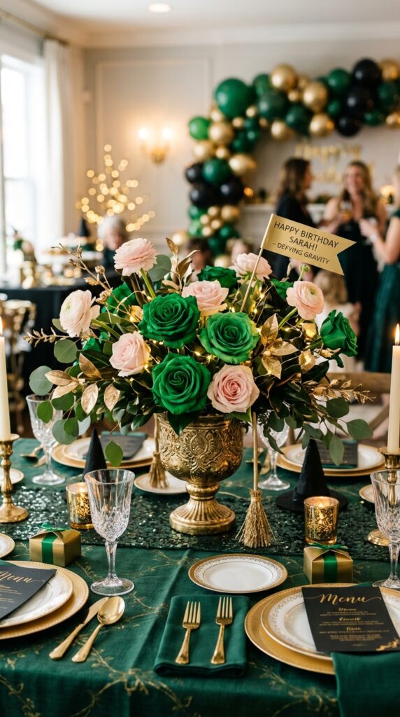 Elegant emerald rose centerpiece for a Wicked-themed birthday party table setup.