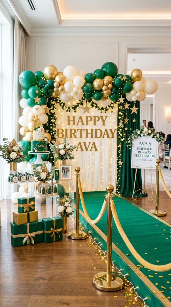 Emerald runway fashion corner for a wicked birthday party celebration.