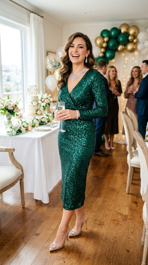 Emerald green sequin birthday party outfit inspired by Wicked fashion.