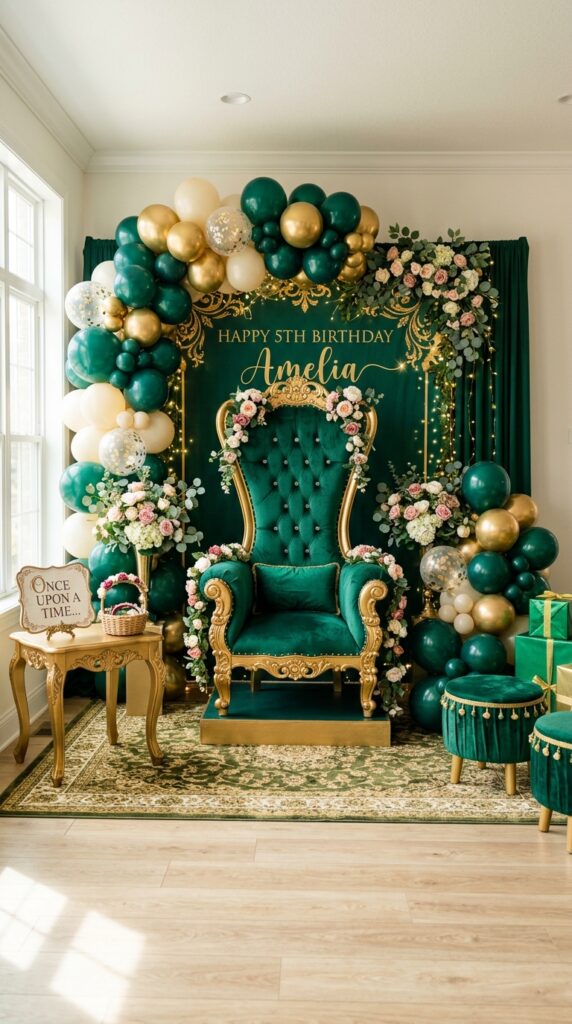 Emerald throne seating area with magical wicked birthday party decorations.