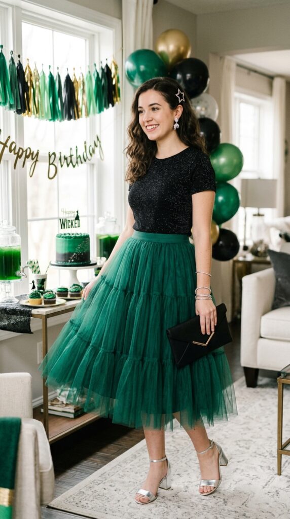 Emerald tulle skirt outfit for Wicked-themed birthday party fashion.