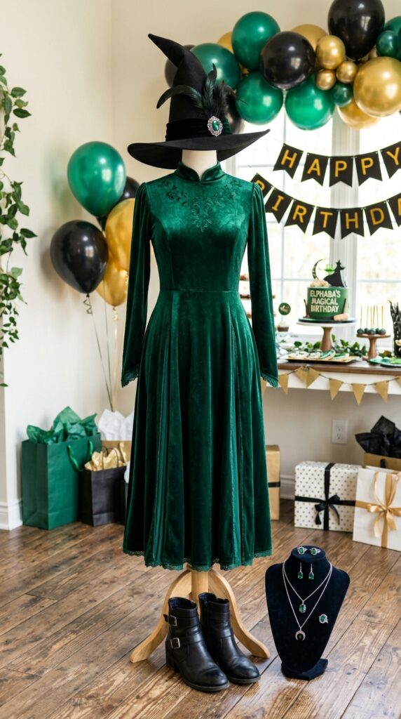Elphaba-inspired emerald velvet birthday party outfit with stylish accessories.
