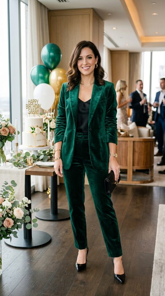 Velvet emerald suit outfit for elegant Wicked birthday party fashion.