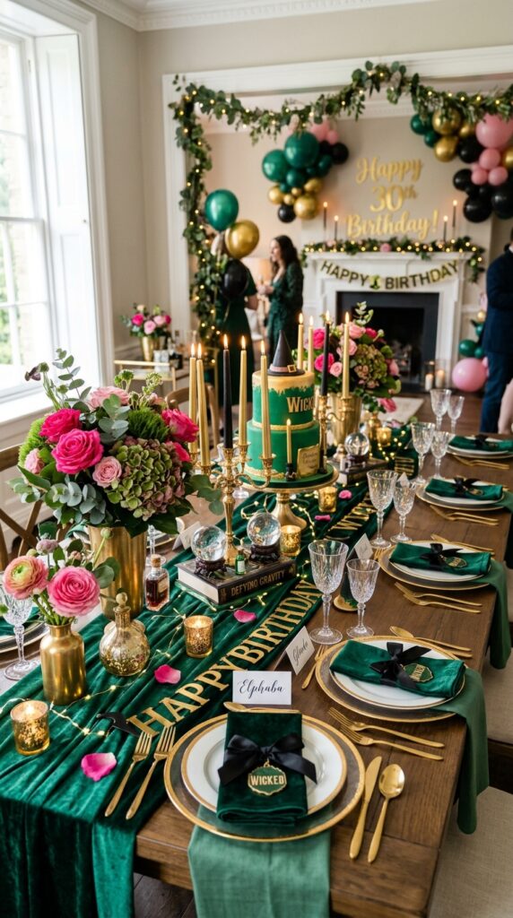 Emerald velvet birthday table decor for Wicked-themed celebration.